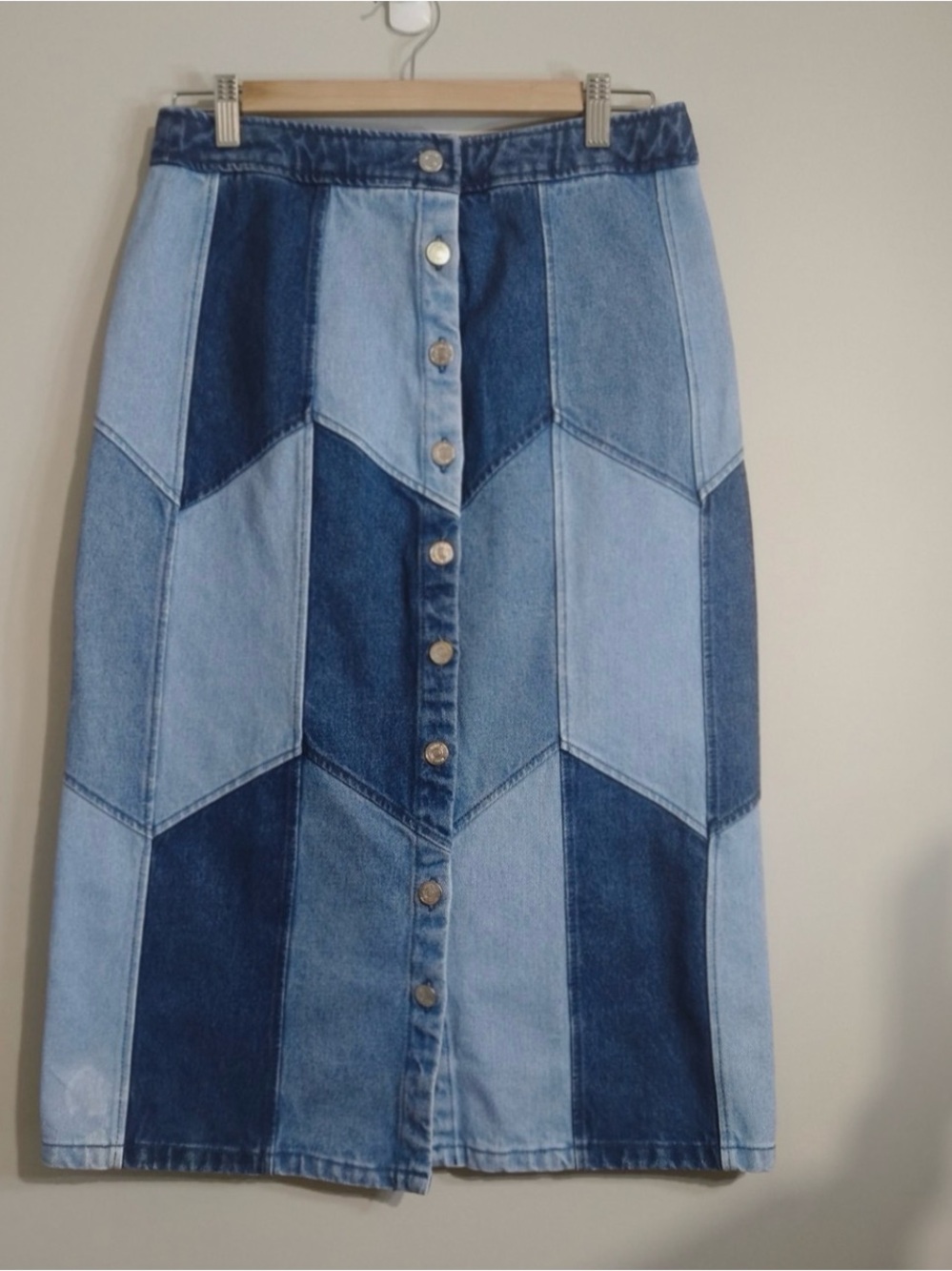 Sezane Alexane Denim Skirt Size FR 42/ AU & UK 14/ US 10 Patchwork Boho Vintage - Picture 3 of 4